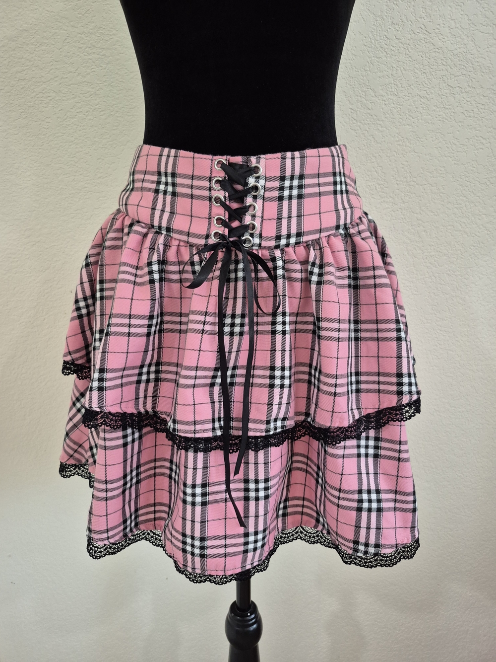 Pink Plaid Lace-Up Layered Skirt